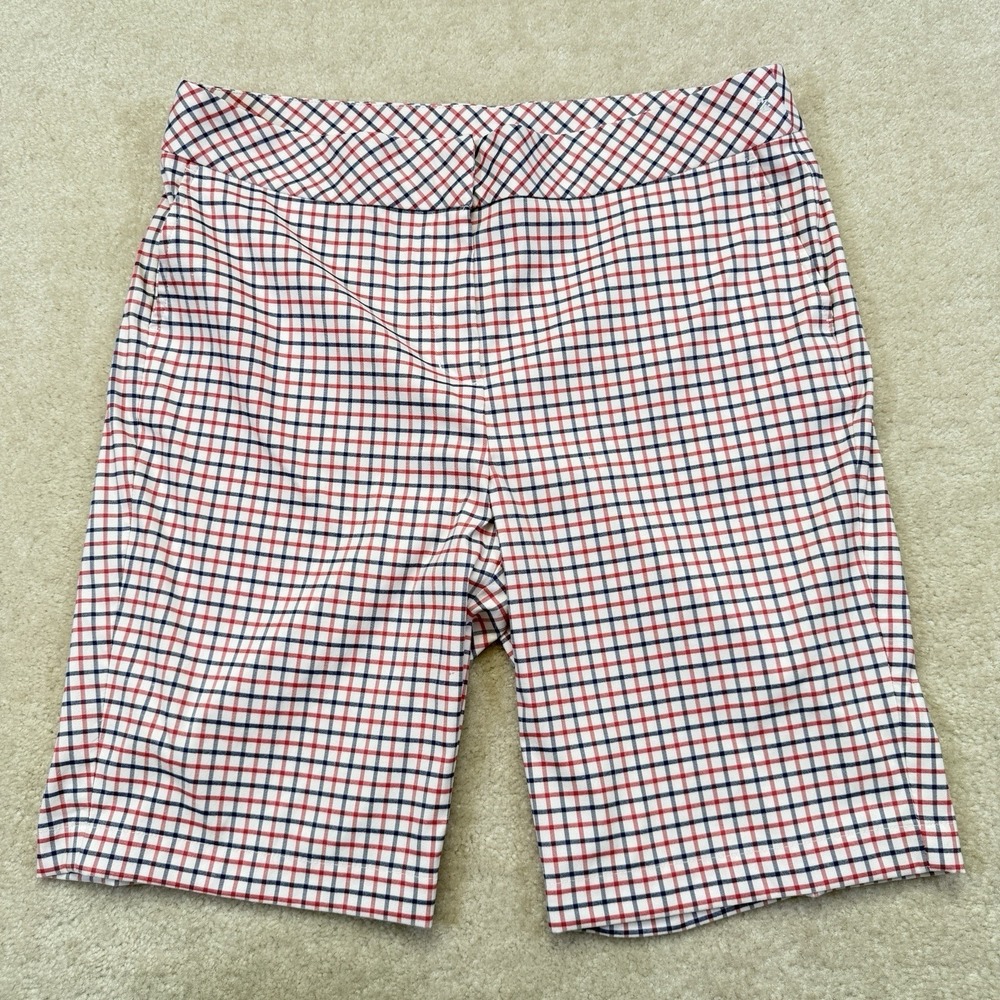 Izod Plaid Golf Shorts Womens 14 White Red Blue Bermuda Stretch